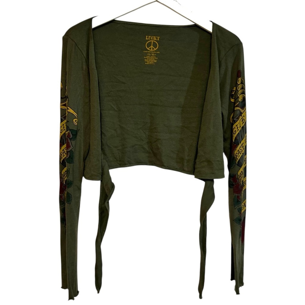 Y2K RARE lucky brand L/XL shrug cardigan arm tattoo dagger‎ PRINT arm sleeve tie - Picture 5 of 14